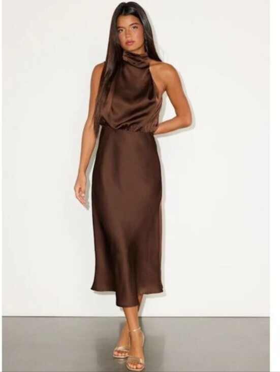 Cherley Dresses & Skirts - Cherley Chocolate Satin Asymmetrical High-Neck Midi Dress